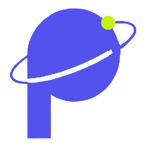 The gadgetsphere "p": a violet planet with a ring and one lime dot
